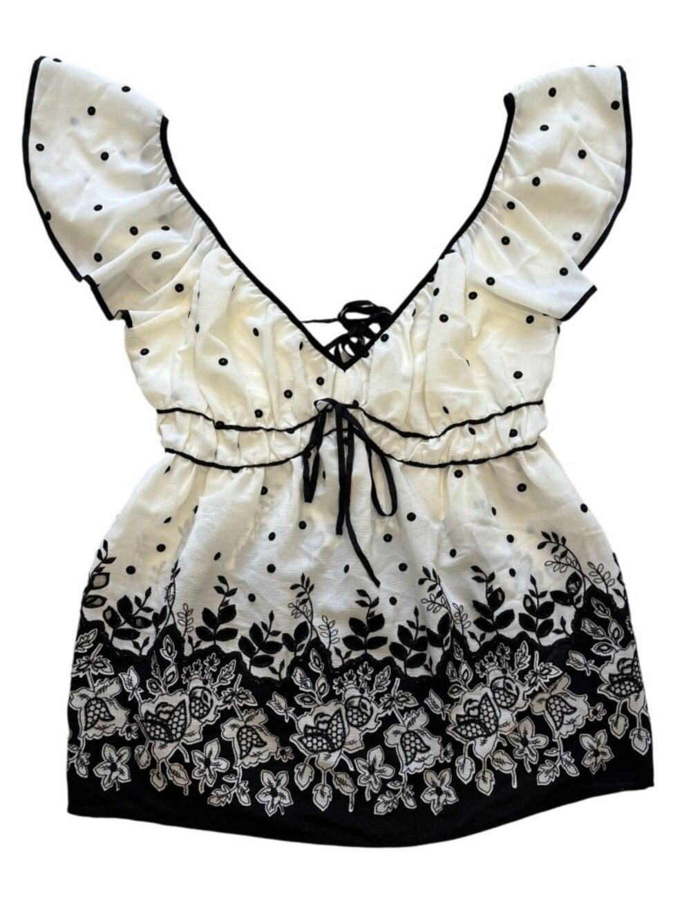 Anthropologie Tie Back Shirred Polka Dot Floral Blouse Fairy Black Ivory M Nwt